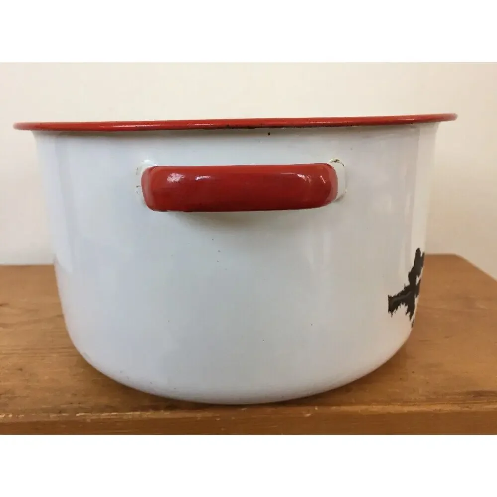Vintage Antique White Red Enamelware Stock Soup Sauce Cooking Pot NO LID 9.5